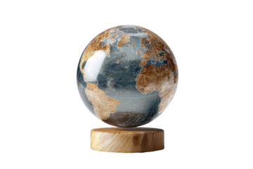Earth Globe Displayed on Wood Pedestal Against Isolated Background