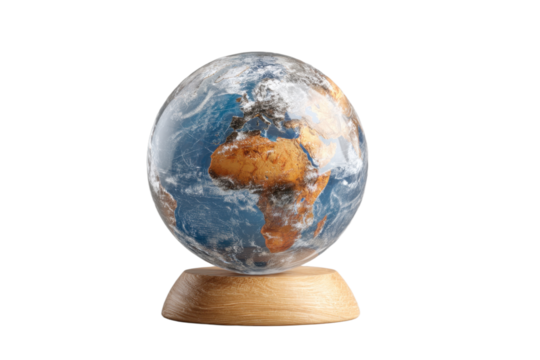 Glass earth globe on polished wooden stand isolated against transparent backdrop