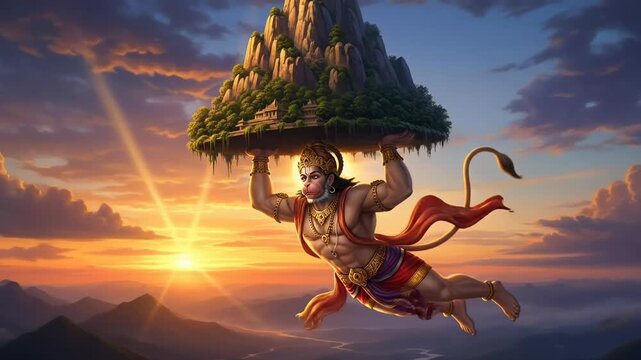 Majestic depiction of Lord Hanuman carrying mountain Dronagiri during sunset, celebrating Hanuman Jayanti with devotion and strength