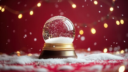 Christmas tree in Glass snow globe on red background, Christmas decorative design with white snowdrift,snowflakes,glow garland,3d decorative garland glow.Xmas Decorations,Vector illustration.