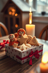 A charming collection of undecorated and lightly iced Christmas cookies (people, stars, trees) in a festive box on a wooden table, lit by two glowing pillar candles.