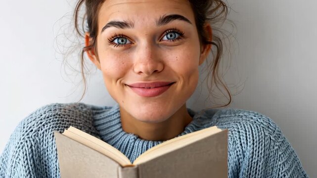 Young woman joyfully engaged in reading a book at home