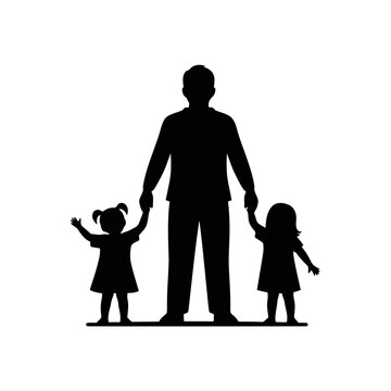Silhouette of a father holding his two daughters hands isolated on for family concept