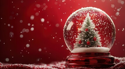 Christmas tree in Glass snow globe on red background, Christmas decorative design with white snowdrift,snowflakes,glow garland,3d decorative garland glow.Xmas Decorations,Vector illustration.
