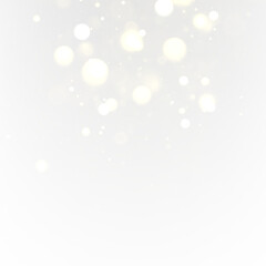 White and gold dust particles with glowing sparkle float on transparent background. Elegant festive effect ideal for Christmas, holiday decorations, and winter magical overlays.