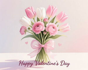 Beautiful digital illustration of a Valentines Day bouquet with pink and white tulips, ranunculus, and a pink ribbon, surrounded by hearts and soft pastel colors.