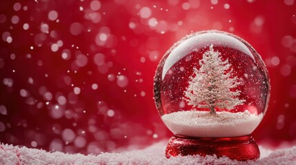 Christmas tree in Glass snow globe on red background, Christmas decorative design with white snowdrift,snowflakes,glow garland,3d decorative garland glow.Xmas Decorations,Vector illustration.