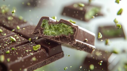 Dubai Chocolate Kunafa Pistachio on white background,Dubai Chocolate bar with green kadayif and pistachio spread,popular and viral chocolate 2024,space for text.