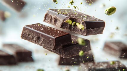 Dubai Chocolate Kunafa Pistachio on white background,Dubai Chocolate bar with green kadayif and pistachio spread,popular and viral chocolate 2024,space for text.