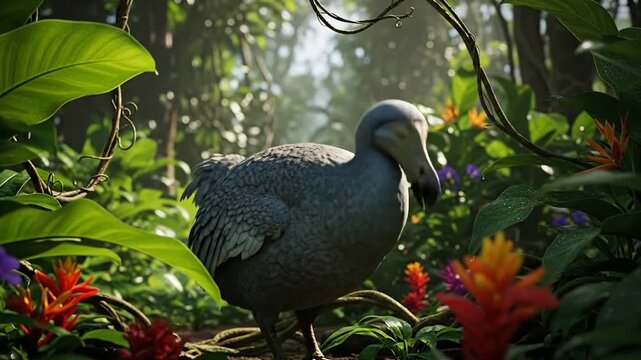 Rare Dodo bird amidst dense jungle foliage, a glimpse into prehistoric times