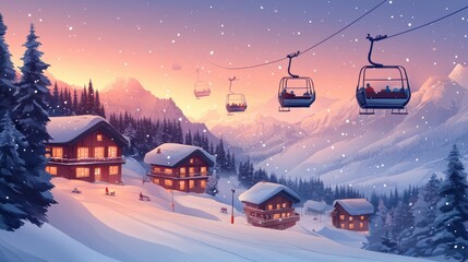 Colorful ski cabin lift for mountain skiers and snowboarders moves in the air on a cableway,ski resort with snowy hill,Skiing and snowboarding,Active vacation weekend,Winter holiday.