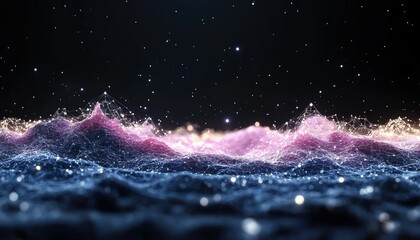 A dark, starry sky above a glowing, abstract landscape with interconnected lines and bright particles forming mountain-like shapes.