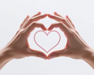 Photorealistic image of hands creating a heart shape, symbolizing love, a Valentines Day illustration with a minimalist and delicate style.