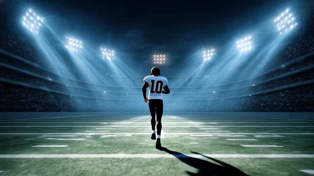Bright stadium lights illuminate a football field during night sports event with empty stands, showcasing a scene of excitement and anticipation