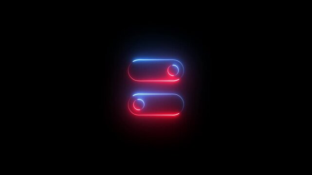 Glowing neon control switch icon &ndash; on off toggle ui symbol. neon toggle switch &ndash; abstract control interface. control button interface. 4k video motion graphic animation