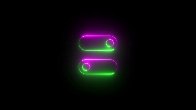 Glowing neon control switch icon &ndash; on off toggle ui symbol. neon toggle switch &ndash; abstract control interface. control button interface. 4k video motion graphic animation