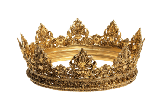 Ornamental golden crown with floral motif on transparent backdrop