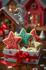 Vibrantly iced star cookies in red, teal, and white with sprinkles are nestled in a gift box with a red ribbon. Blurry, festive houses and steam float in the background.
