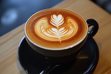Beautifully Designed Latte Art in a Black Coffee Cup on Table