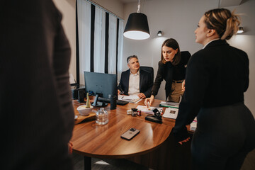 A group of professionals working together around a desk in a well-lit office setting.