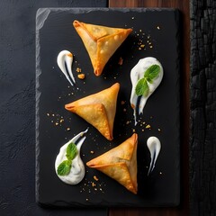Crispy Fried Samosas with Yogurt Sauce and Mint on Slate Plate – Indian Snack Food Concept
