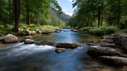 Scenic forest river with clear flowing water and rocks in soft morning light a tranquil natural landscape