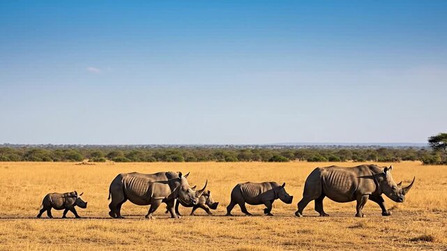 Majestic rhinos roam free across the African savanna, a wildlife family adventure