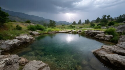 A clear natural spring surrounded by rocks under a dramatic stormy sky with lightning strikes