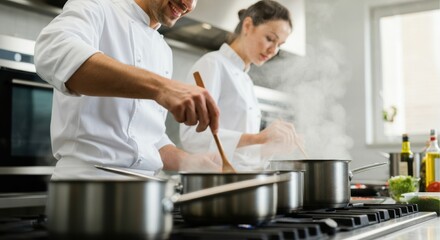 Chefs cooking in a professional kitchen with steam rising from pots and pans