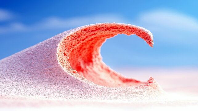 A close-up, abstract view of a pink wave cresting with a textured surface, set against a vibrant blue sky with soft clouds.