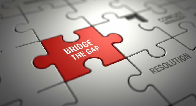 Bridge the gap puzzle piece highlighting connection and problem solving in teamwork or strategy concepts