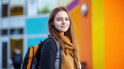 Confident Student Posing Outdoors with Backpack and Colorful Wall