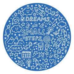 Motivational small steps dreams doodle round illustration