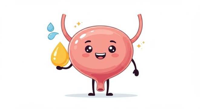 A cute cartoon bladder character holding a drop of urine with a cheerful expression