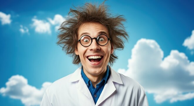 A man with wild, messy hair and glasses expressing surprise or excitement outdoors