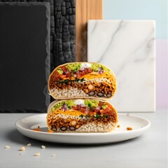 Cut Mexican Burrito Filled with Rice, Beans, Guacamole, and Vegetables – Fresh Street Food Concept