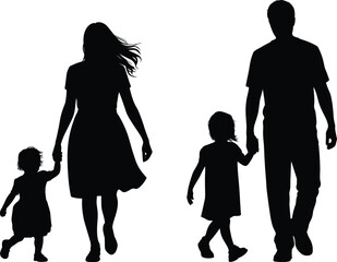 Silhouette of parents and children, family walking, mom dad kids, togetherness, parenting, love, unity, childhood, happiness, bond