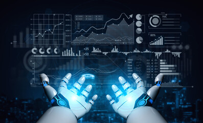 Futuristic humanoid robot hands engage with a digital interface displaying various data visualizations, embodying advanced technology and innovation. Scalp