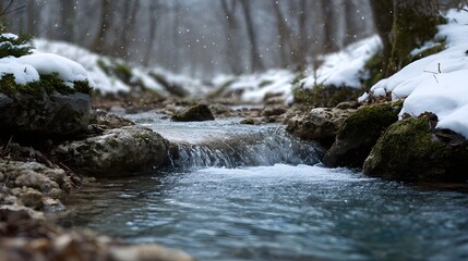 A serene winter stream flows gently through a snowy forest with snowflakes falling