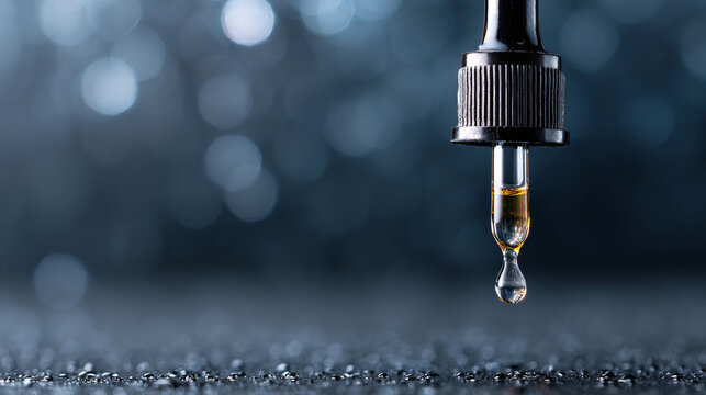 Close-up of a dropper releasing a single droplet of liquid with a blurred bokeh background and reflective surface below