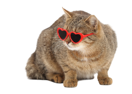 Stylish tabby cat in red heart-shaped sunglasses, isolated PNG on a clean white background, vertical minimal portrait with clear copy space for advertising, social media, pet designs and playful brand