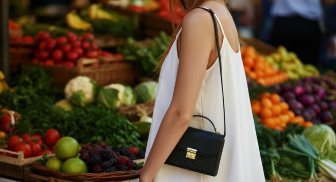 Colorful fresh fruits displayed at a market stall with a woman shopping and carrying a small black handbag - Powered by Adobe