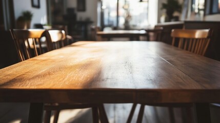 Cozy Wooden Table in a Bright and Inviting Caf&eacute; Setting