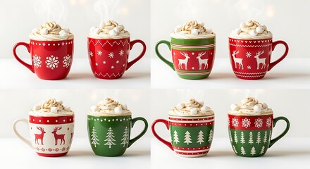 Festive holiday mugs with whipped cream and marshmallows