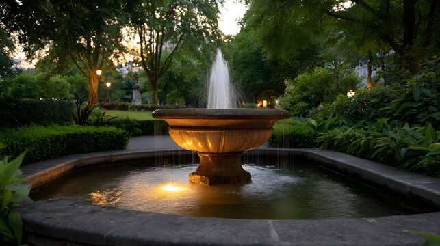 A serene stone fountain sprays water in a lush park at twilight illuminated by soft ambient lights