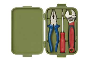Isolated tool box with pliers, screwdriver, and adjustable wrench inside, khaki case
