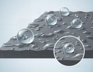 Illustration of hydrophobicity. Water droplets maintain a spherical shape on a textured, water-repellent surface, demonstrating a high contact angle (non-wetting).