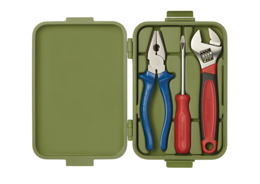 Isolated tool box with pliers, screwdriver, and adjustable wrench inside, khaki case
 - Powered by Adobe