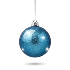 Elegant blue sparkling Christmas bauble with glitter hanging as a festive holiday decoration isolated on a clean white background