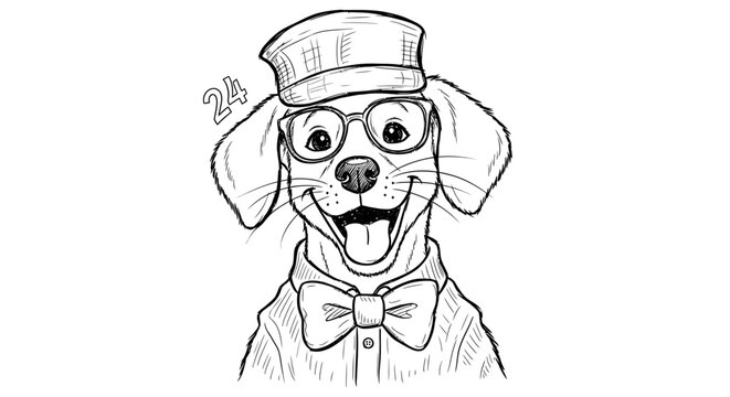 Illustrated dog wearing glasses, cap, and bowtie expressing happiness and sophistication